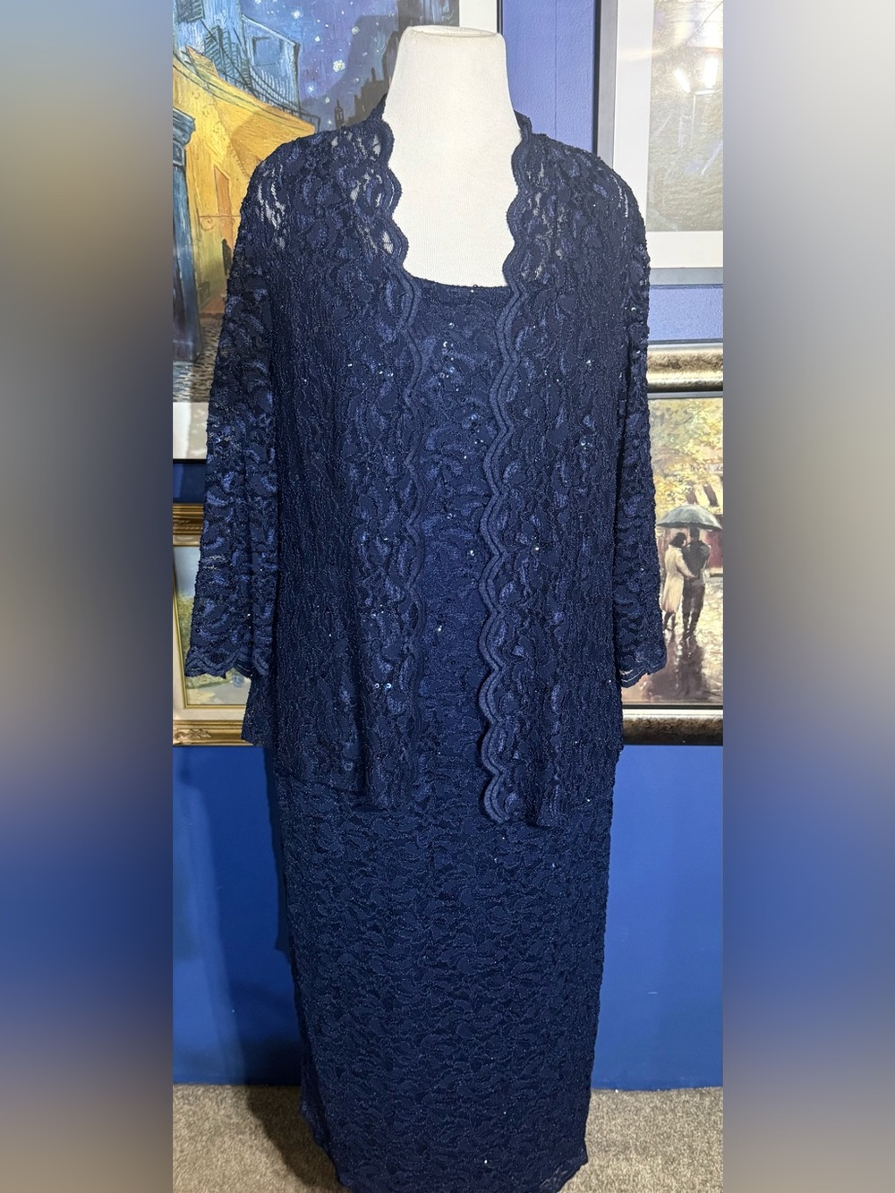 Alex Evenings Navy Lace Sequin Long Sleeve Dress with Jacket
